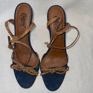 Carlos by Carlos Santana Blue Denim/ Tan Leather Dangler 4”Heeled Sandals